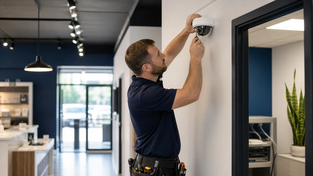 Technician installing a commercial dome security camera